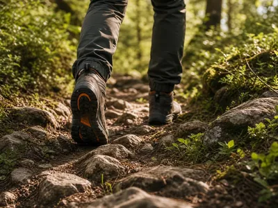Hiker walking a green woodland trail