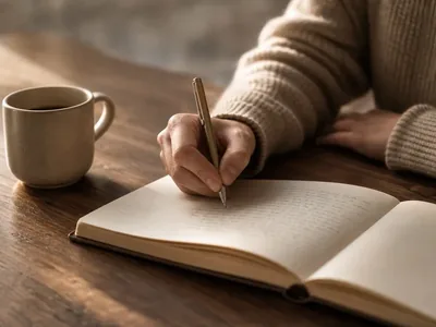 Hand writing in a journal beside tea