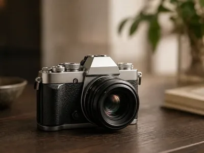 Camera on a warm wooden desk