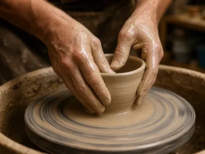 Hands shaping a pottery cup on a wheel