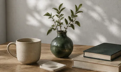 A ceramic cup, books, and a vase in quiet afternoon light.