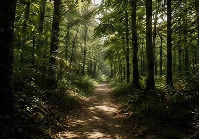A sunlit woodland path with room for a slow walk.