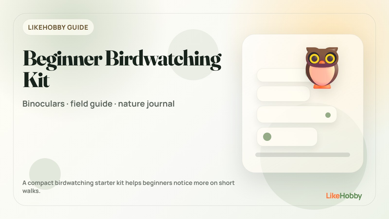 Beginner birdwatching kit with binoculars, a bird field guide, a nature journal, a feeder, and a walking path.