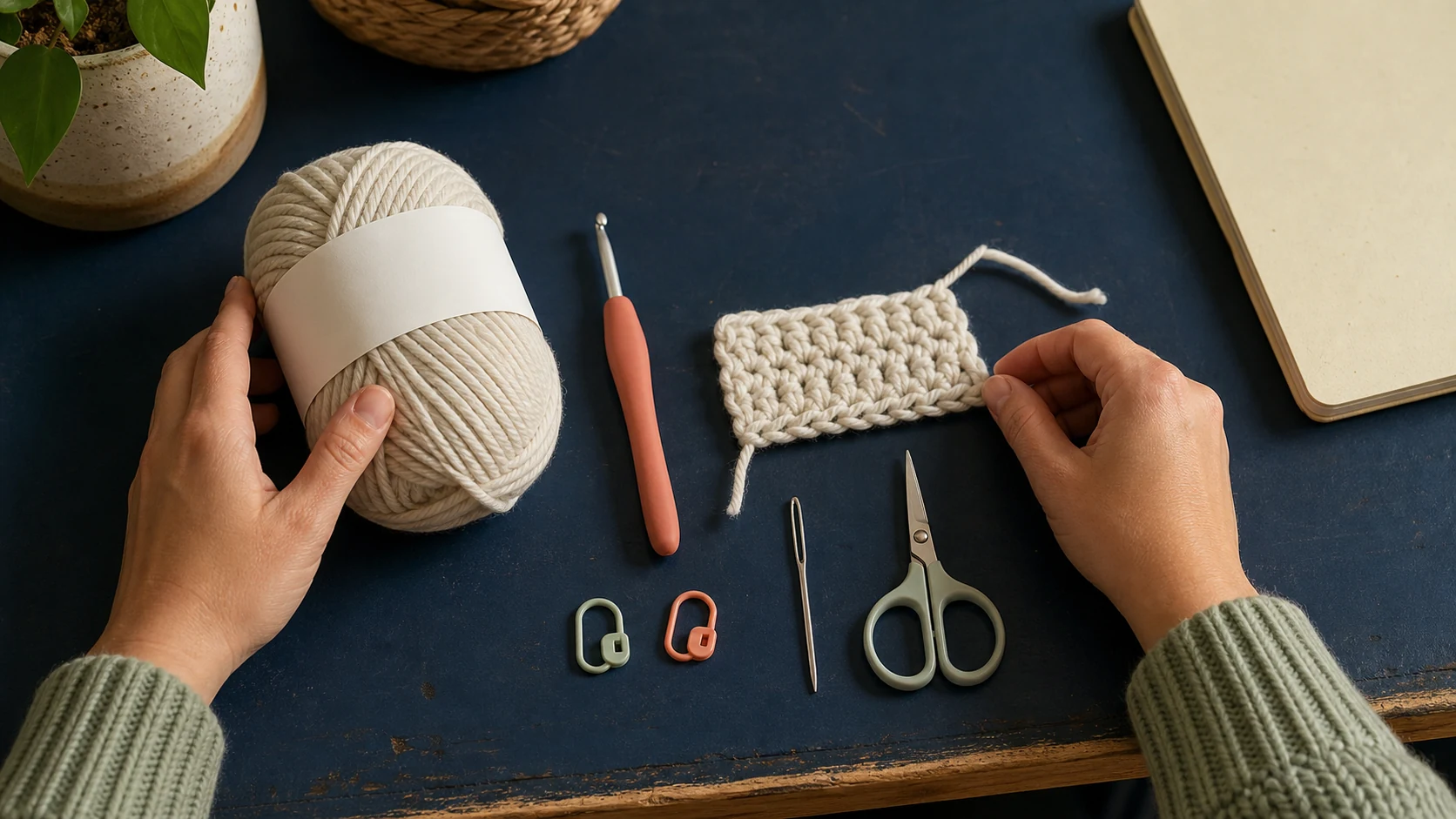 Crochet hook, yarn, stitch marker, needle, scissors, and practice swatch