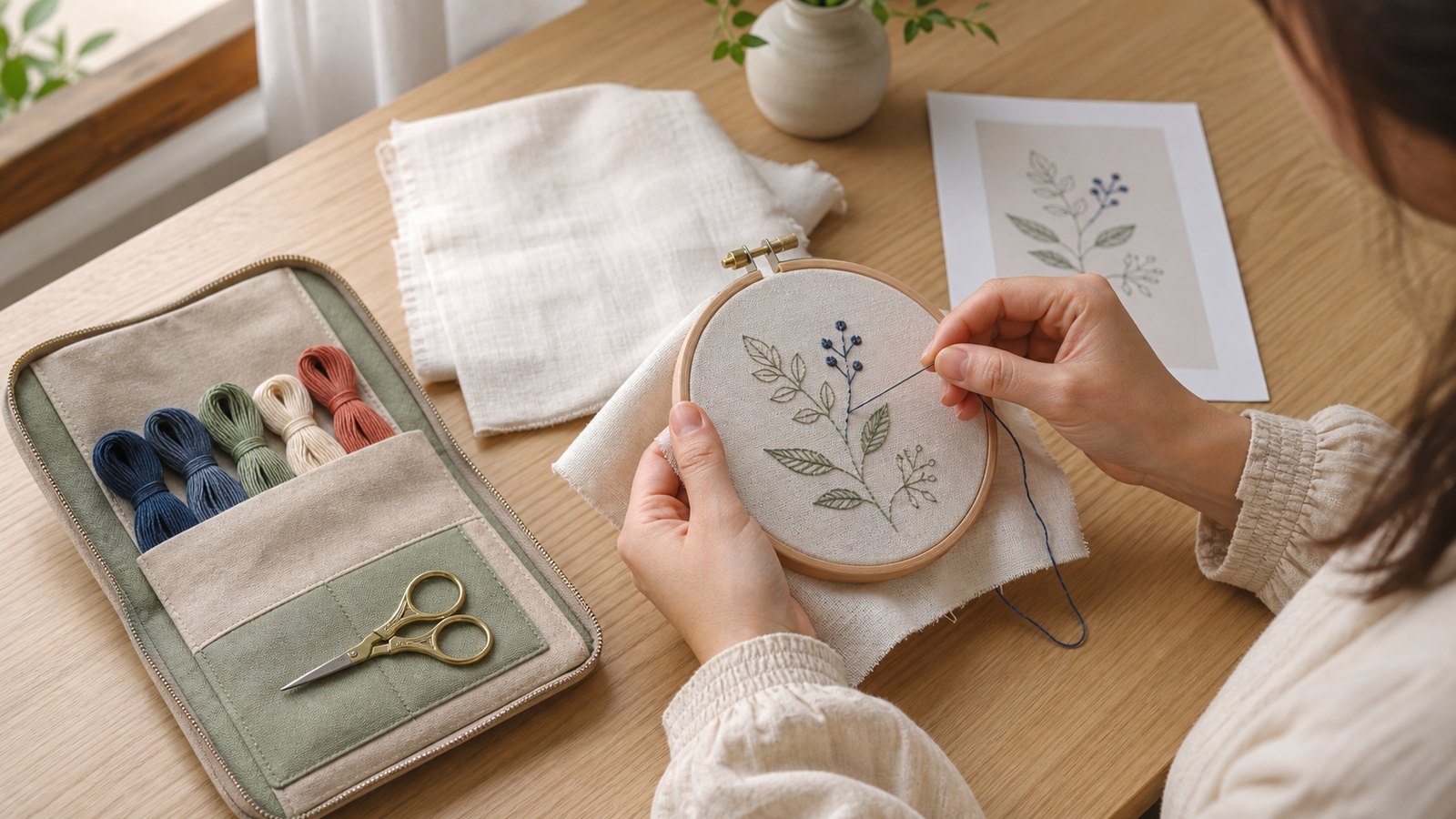 An adult starts a small botanical embroidery project with an organized hoop, floss, needle, and stitch guide.