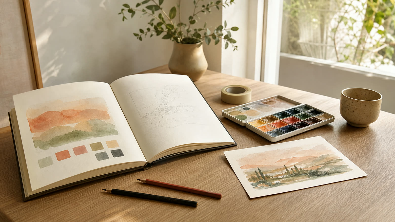 Beginner painting supplies for adults with brushes, paint tubes, paper, palette, and a simple first-session setup.