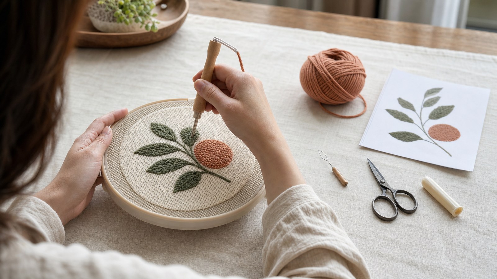 An adult beginner guides a punch needle through taut botanical-pattern fabric with compatible yarn, hoop, and covered tools nearby.