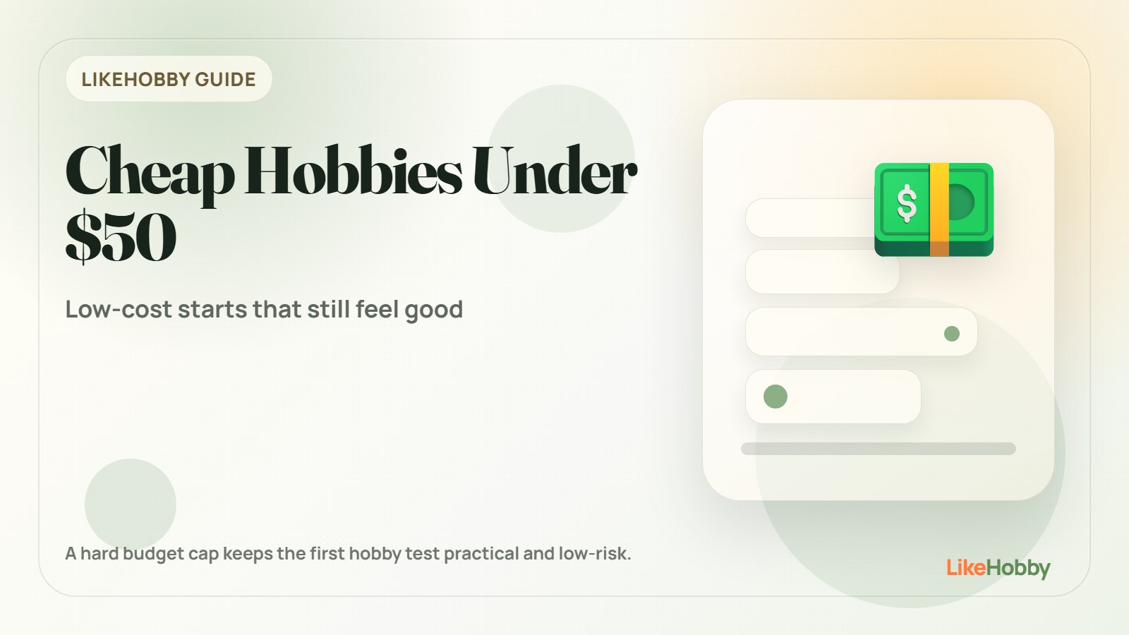 Budget-friendly hobby supplies under fifty dollars, including a notebook, sketch pencil, cards, seeds, and simple craft tools.