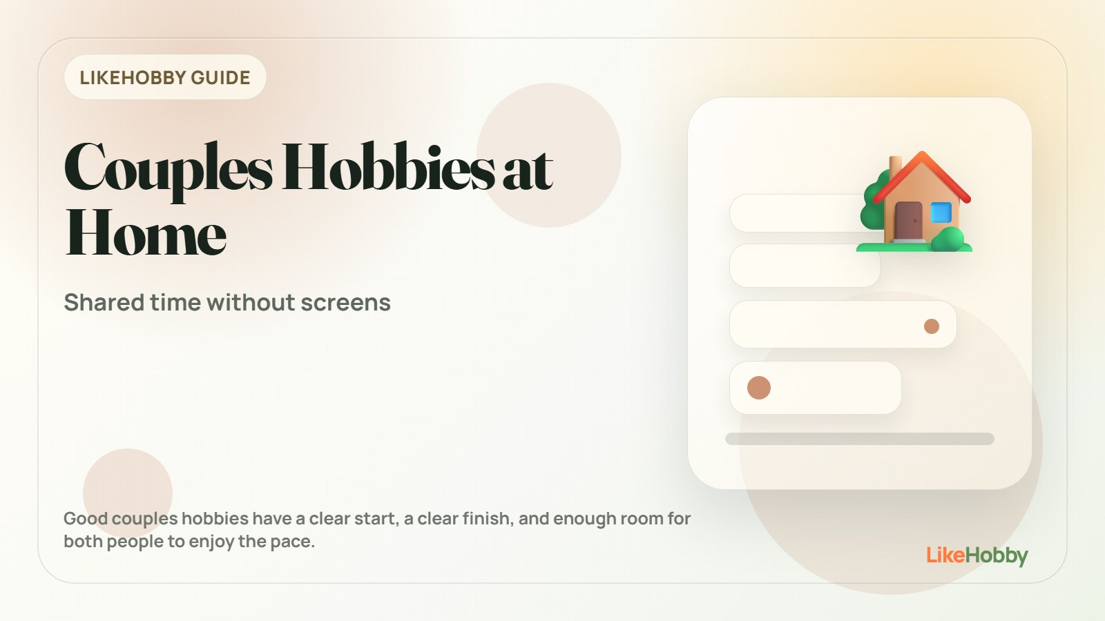 At-home couples hobby setup with a board game, cooking ingredients, craft supplies, tea, and a quiet table for two.