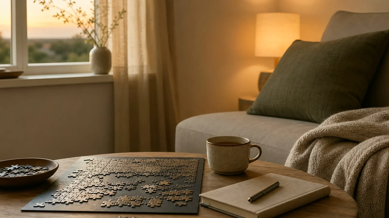 Illustrative after-work hobby setup with a lamp, tea, sketchbook, puzzle, and plant.