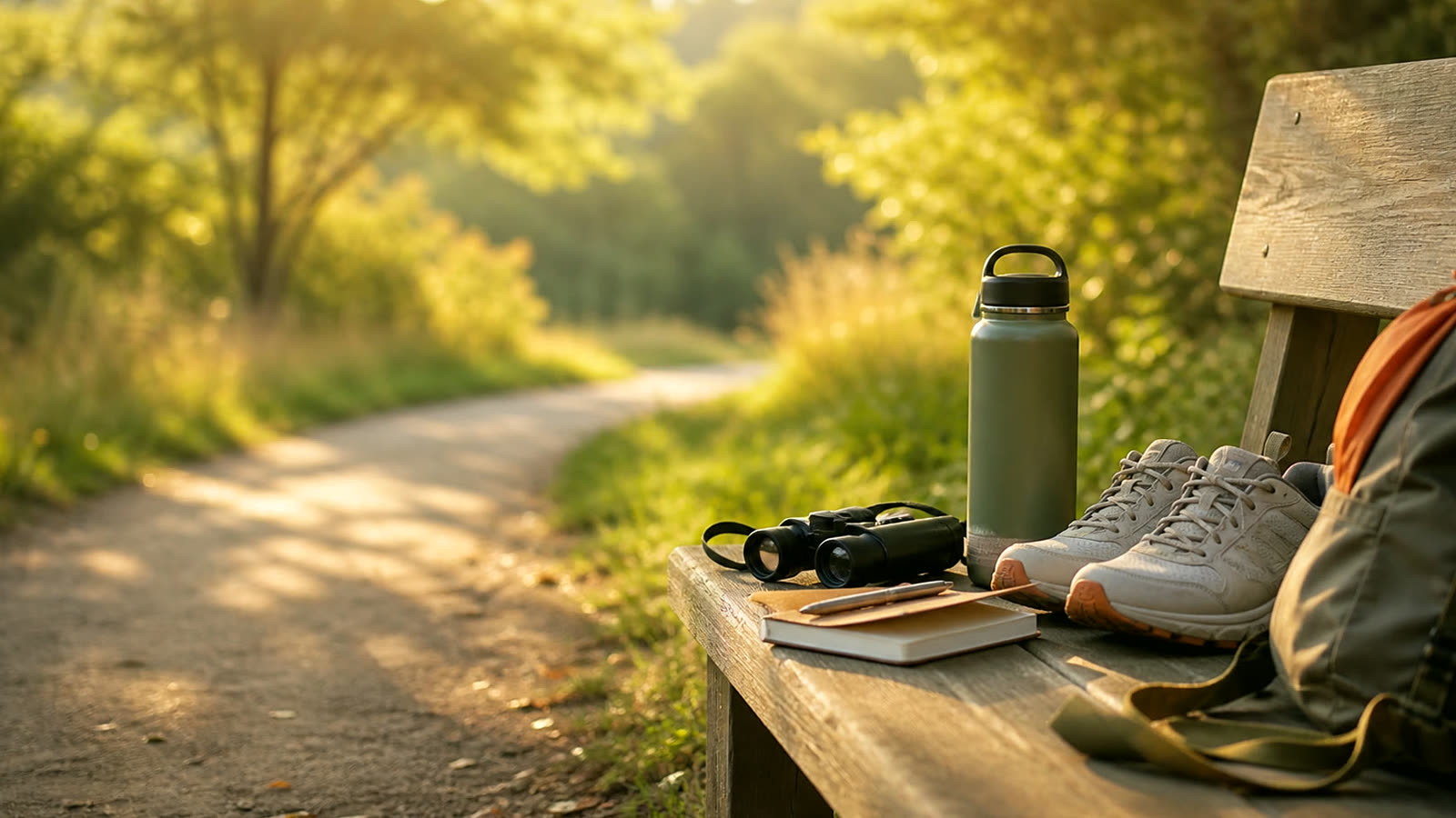 Beginner outdoor hobby kit with walking shoes, water bottle, map, camera, gardening gloves, and simple nature gear.