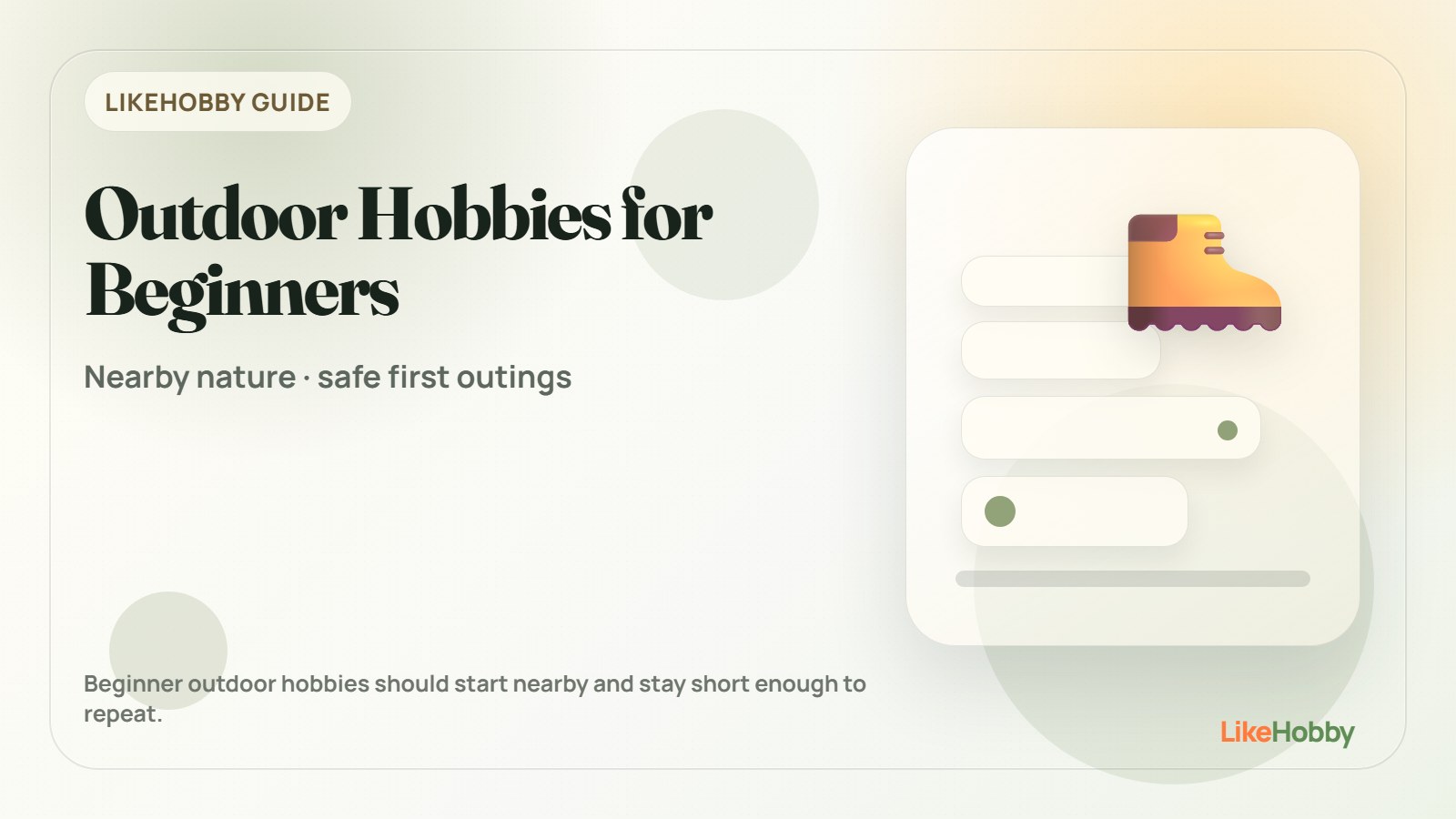 Beginner outdoor hobby kit with walking shoes, water bottle, map, camera, gardening gloves, and simple nature gear.