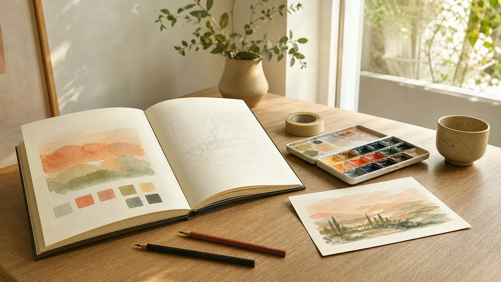 A practical hobby workspace with a notebook, herbs, repair tools, and a small cooking project.