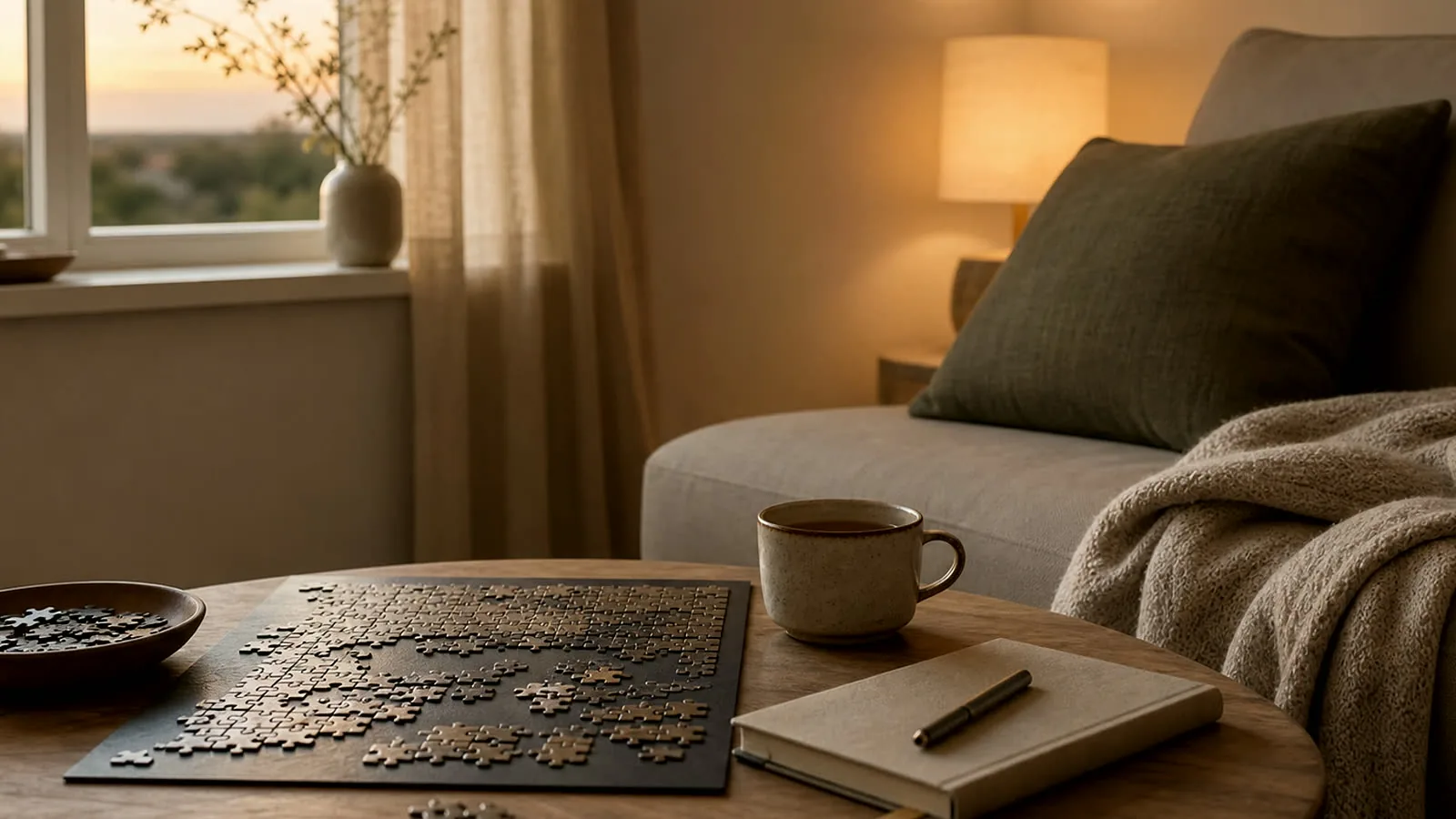A quiet living room with a jigsaw puzzle, notebook, warm lamp, and tea.