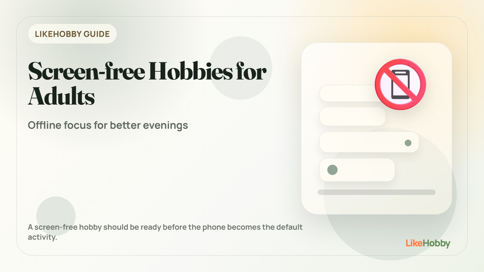 Screen-free adult hobby setup with phone set aside, book, sketchpad, cards, plants, and offline creative tools.