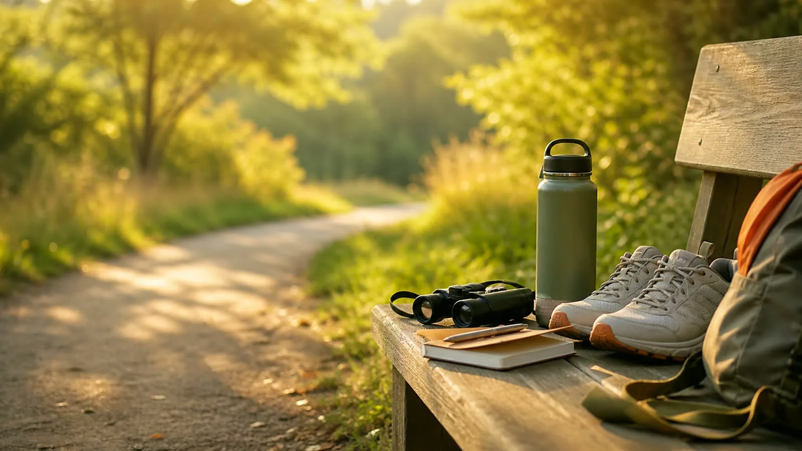Weekend hobby plan with walking shoes, binoculars, a notebook, and a protected block of time.