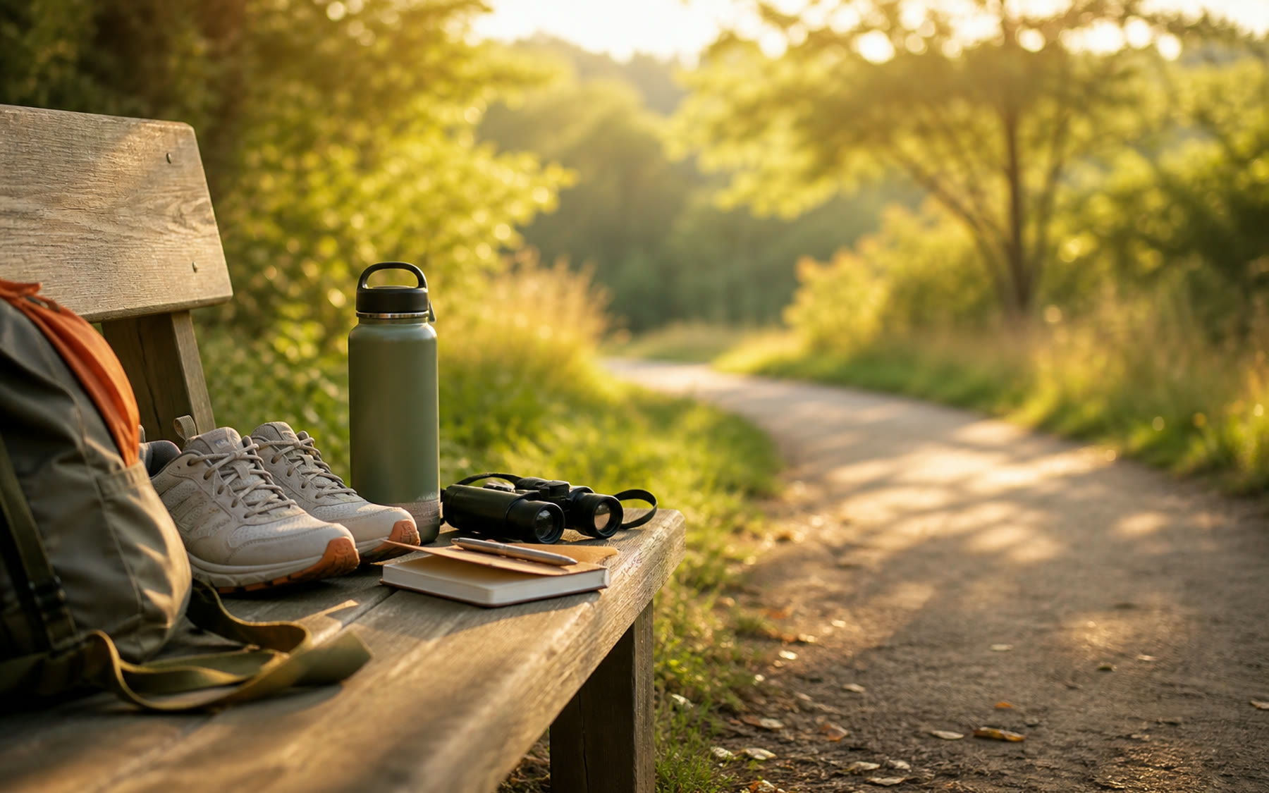 Outdoor hobby moment with walking shoes, a notebook, and a quiet path