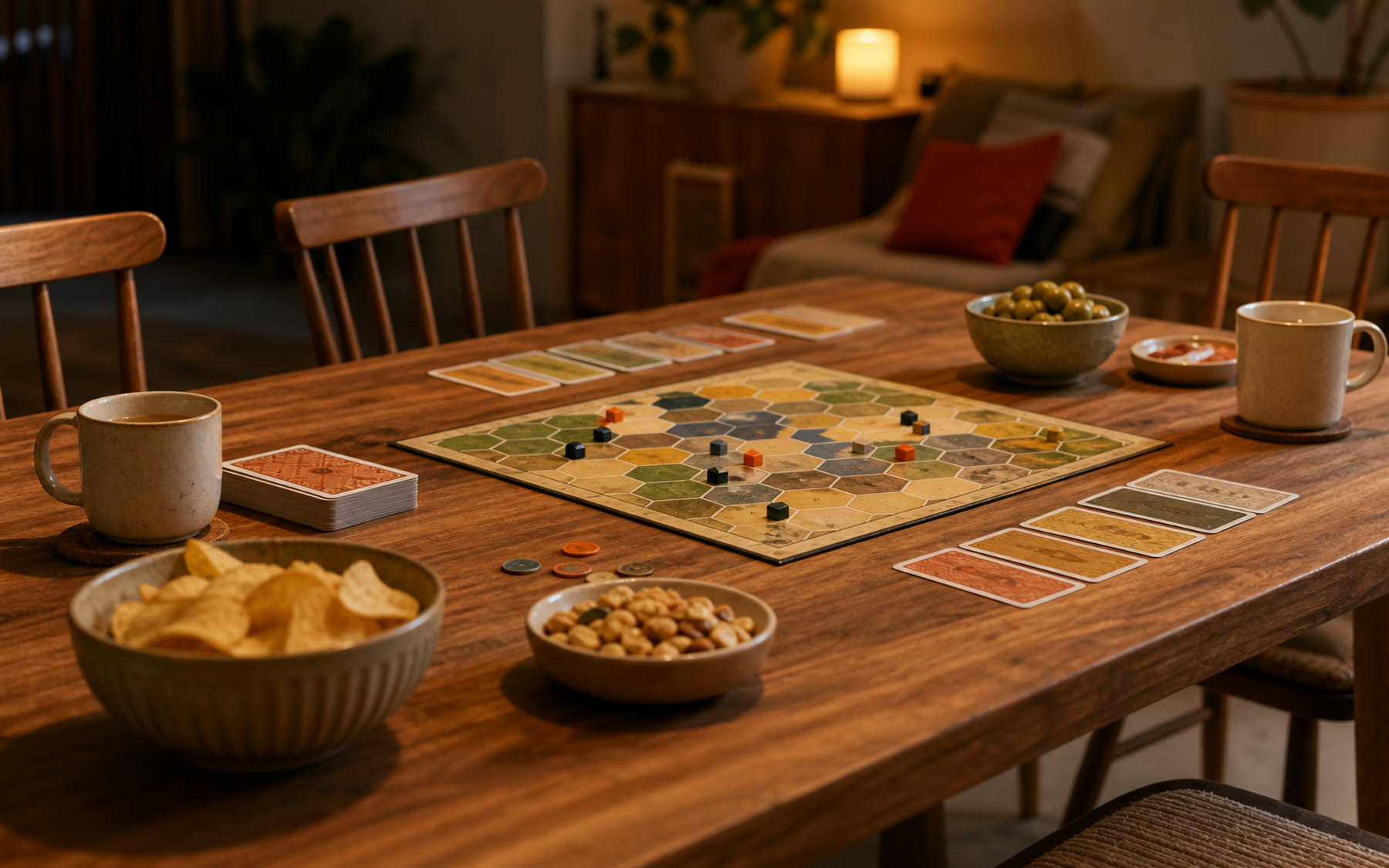 Social hobby ritual table with a board game, cards, snacks, and cups